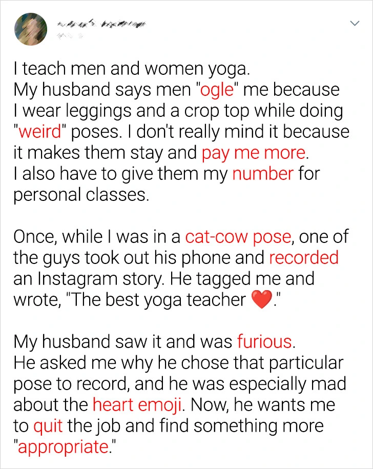 My Husband Wants Me to Stop Teaching Yoga Because Men “Check Me Out”