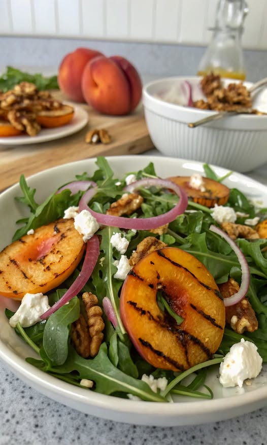 Grilled Peach Arugula Salad: Healthy, Quick – Walnuts, Goat Cheese